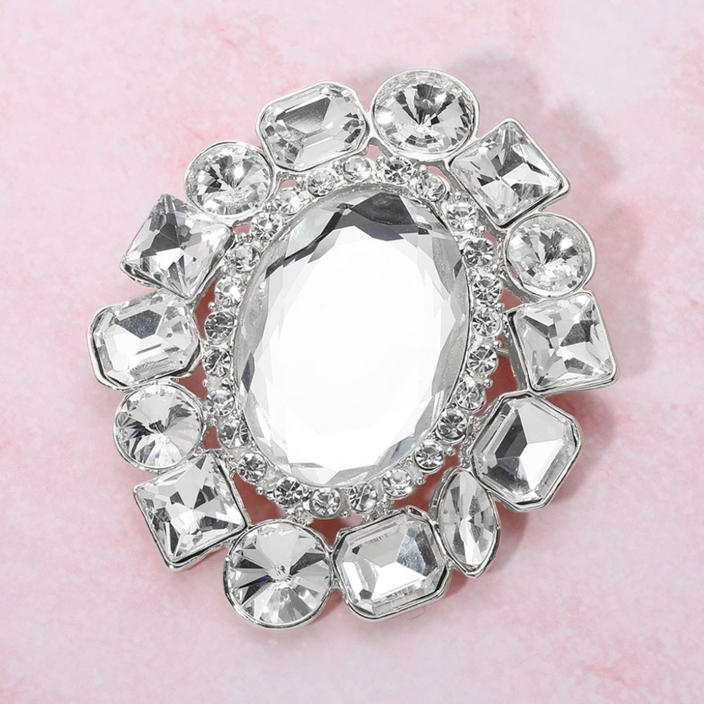 Silver Crystal Oval Glass Stone Cluster Rim Brooch Pin Statement Accessory